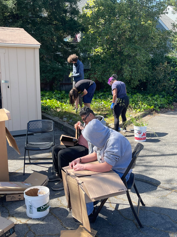 A group of ABLED clients outside in the parking lot pulling weeds and breaking down cardboard for the permascape project